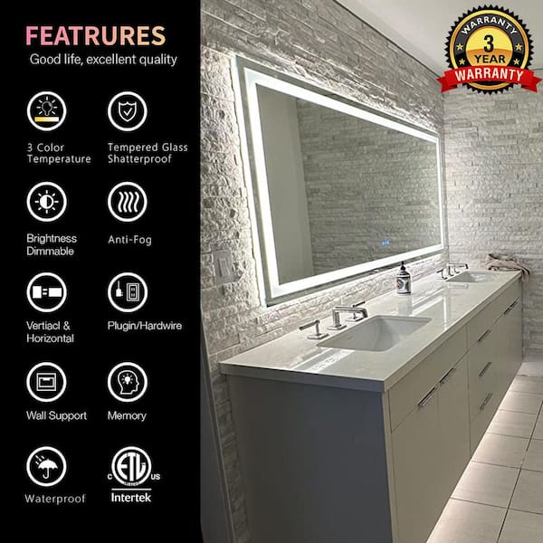 96 in. W x 48 in. H Large Rectangular Frameless Double LED Lights Anti-Fog Wall Bathroom Vanity Mirror in Tempered Glass