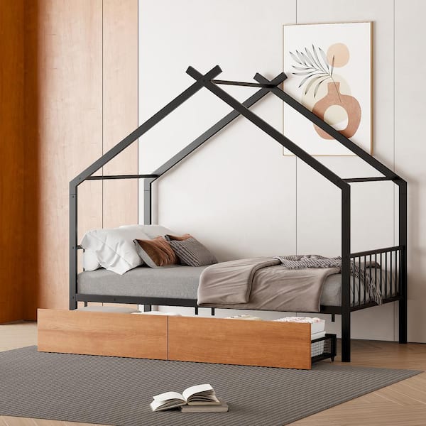 Harper & Bright Designs Black Twin Size Metal House Bed Platform Bed with 2-Drawers