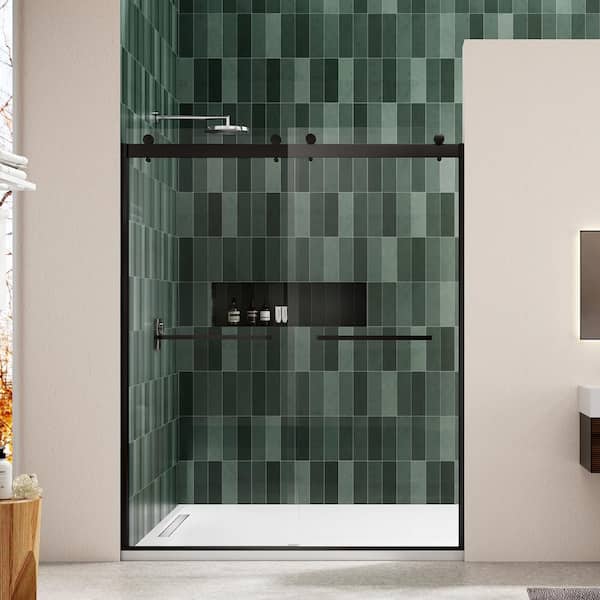 JimsMaison 60 in. W x 74 in. H Sliding Semi-Frameless Shower Door in Matte Black Finish with Tempered Glass