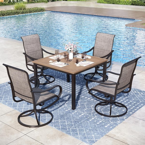 PHI VILLA Black 5-Piece Metal Outdoor Patio Dining Set With Wood-Look Square Table and Padded Textilene Swivel Chairs