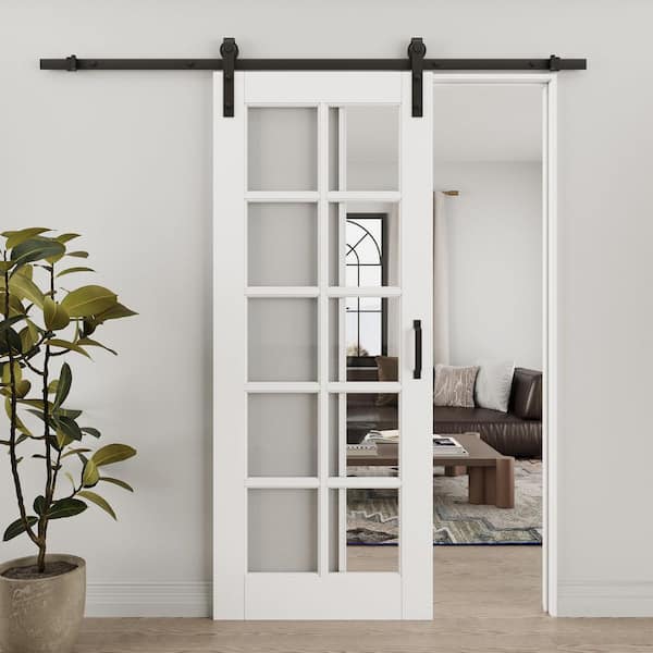 ARK DESIGN 28 in. x 80 in. 10-Lite Tempered Clear Glass White Primed MDF Composite Sliding Barn Door with Hardware Kit