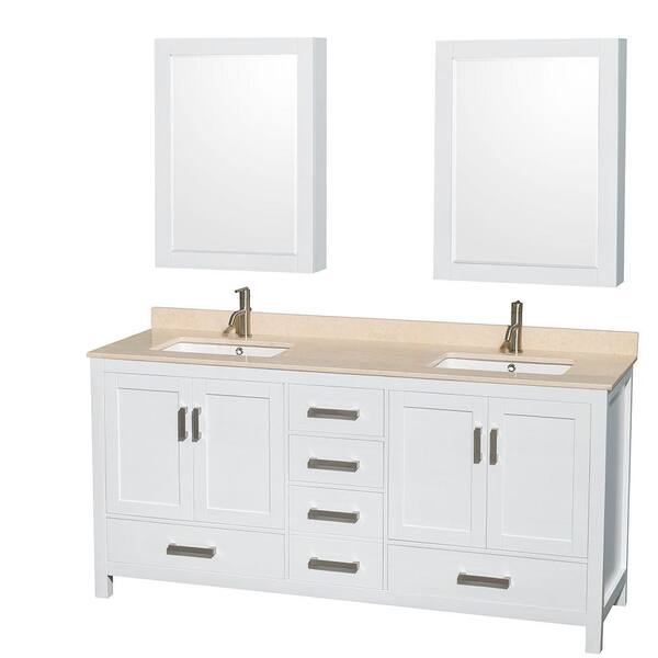Wyndham Collection Sheffield 72 in. Double Vanity in White with Marble Vanity Top in Ivory and Medicine Cabinets