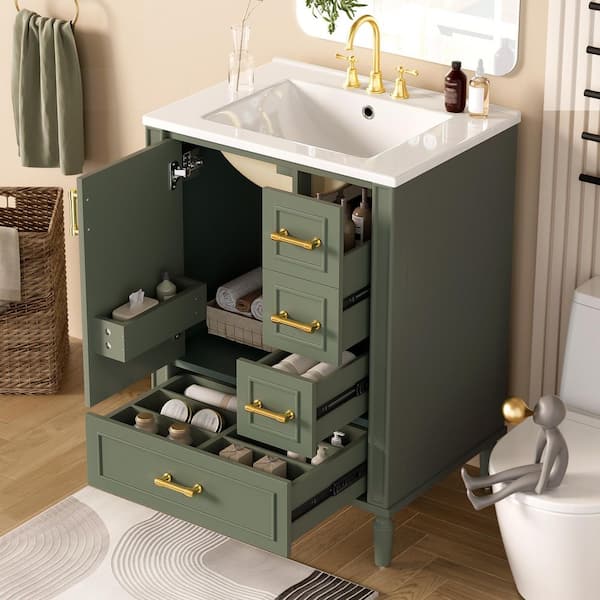 Virubi 24 in. W Olive Green Bath Vanity with White Ceramic Top, 3