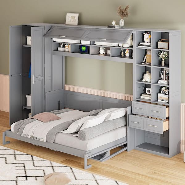 Harper & Bright Designs Gray Wood Frame Queen Size Murphy Bed with Built-in Tabletop, Closet, Drawers, Shelves, USB Charging