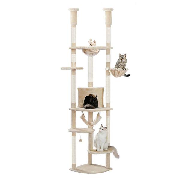 thumbnail image 2 of PawHut Floor To Ceiling Cat Tree – 90.5" To 98.5" Adjustable, Beige, With Hammock 2 of 4