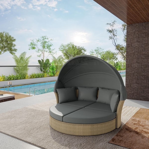 Wicker Outdoor Day Bed with Gray Retractable Canopy and Cushions