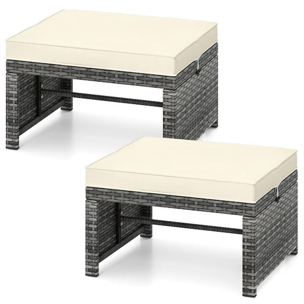 LIVIZA Gray Metal Frame and PE Rattan Outdoor Ottoman Set with White Zippered Cushion(Set of 2)