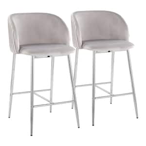 Fran Pleated 36 in. Silver Velvet and Chrome Metal High Back Counter Height Bar Stool (Set of 2)