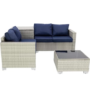Gray Wicker Outdoor Sofa Sectional Set with Dark Blue Cushions (4-Piece)