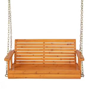 2-Person Wood Natural Porch Swing with Hanging Chains for Garden Yard
