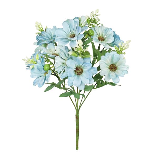 LIVING LUXURY 13 in. Petite Blue Artificial Daisy Flower Stem Bush Bouquet Set of 4