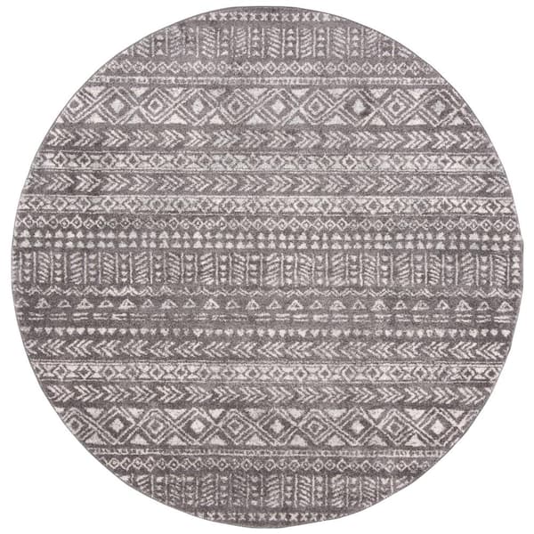 Tulum 3 ft. x 3 ft. Round Dark Gray/Ivory Geometric Tribal Diamond Area Rug