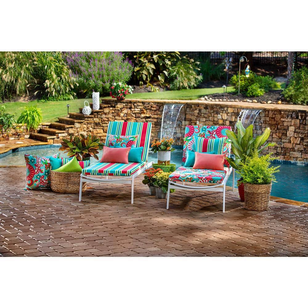 Turquoise and Coral Striped Square Outdoor Throw Pillows, Set of 2