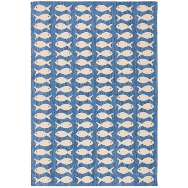Courtyard Blue/Beige 2 ft. x 4 ft. Geometric Fish Indoor/Outdoor Area Rug