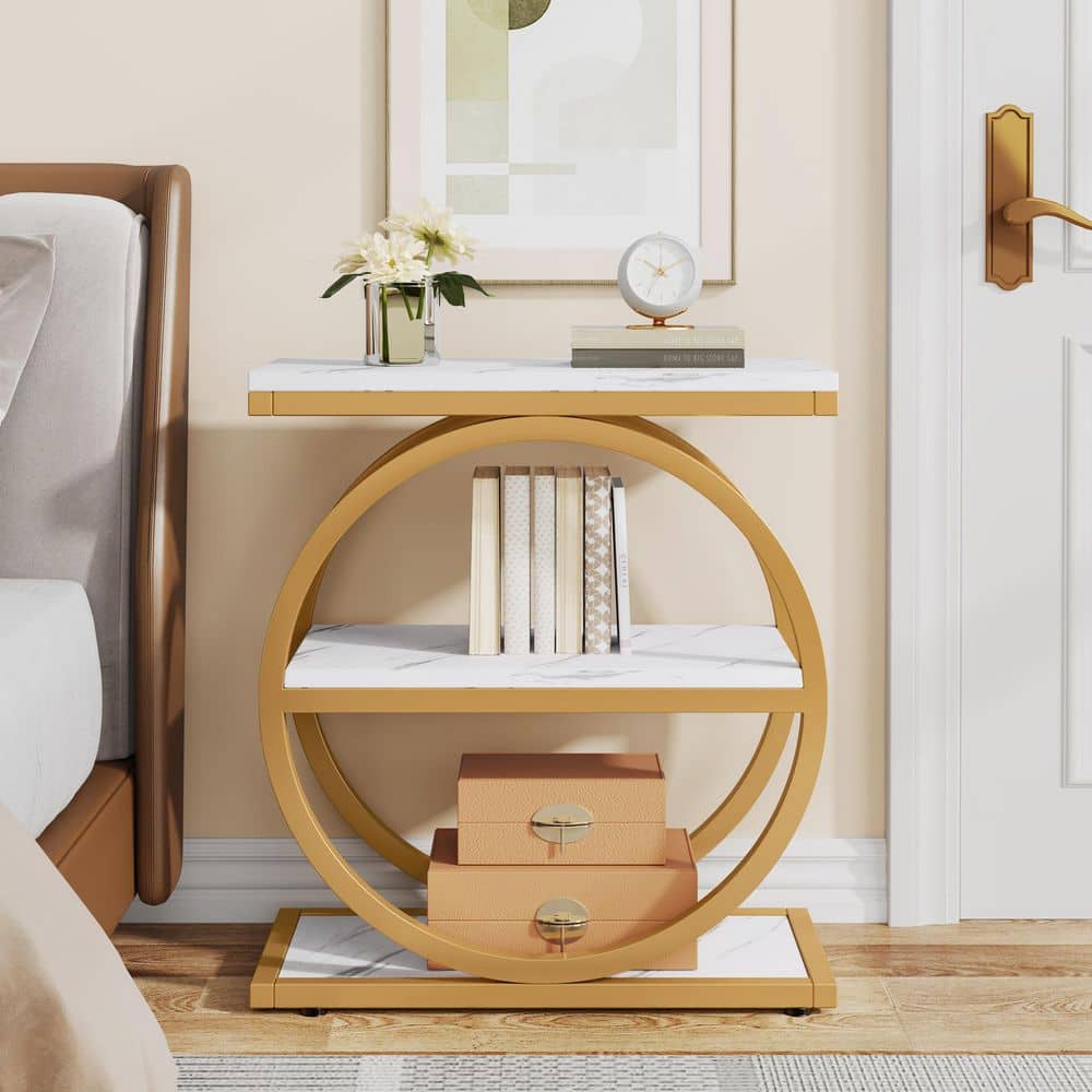 23.6 in. White Gold Wooden Round-Shape End Table, Vintage Side Table for Living Room Bedroom