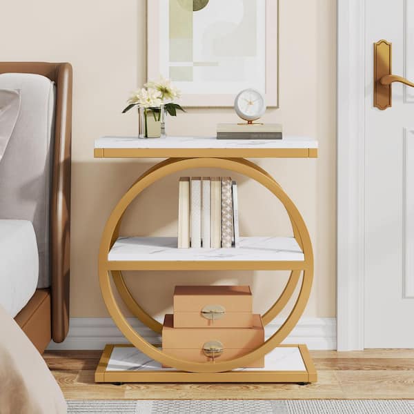 BYBLIGHT 23.6 in. White Gold Wooden Round-Shape End Table, Vintage Side Table for Living Room Bedroom