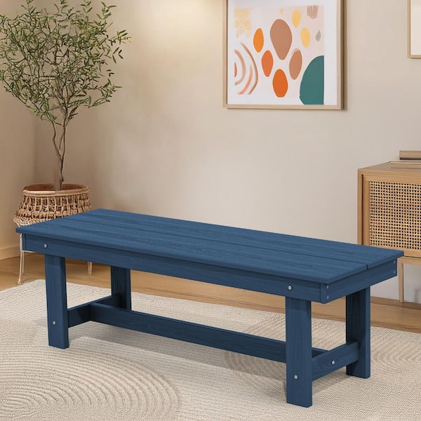 56.3 in. W Outdoor Patio HDPE Plastic All-Weather Resistant Ottoman Backless Dining Bench in Navy Blue