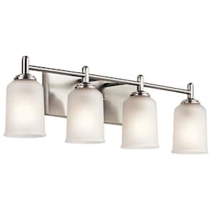 Shailene 29.5 in. 4-Light Brushed Nickel Traditional Bathroom Vanity Light with Satin Etched Glass