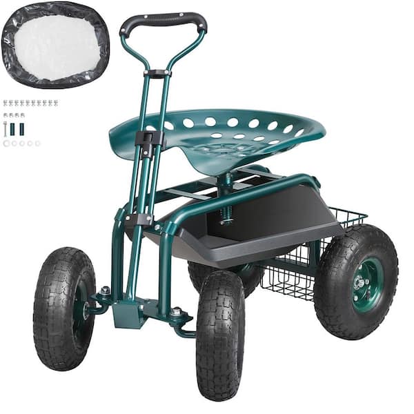 Garden Cart Rolling Seat, 360° Rotating Stool on Wheels, Tool Tray for Patio, Yard & Outdoor Use, Green