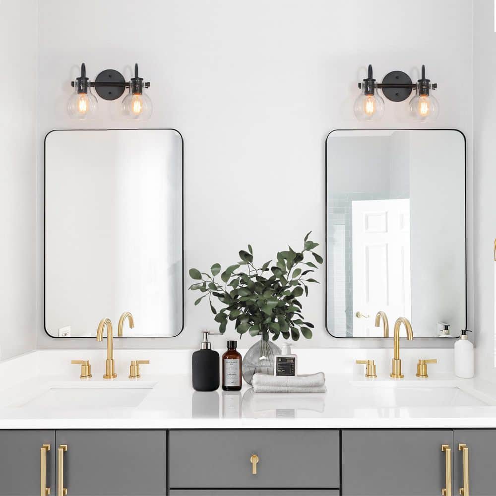 13" Black Metal Vanity Light with Clear Glass Globe Shades