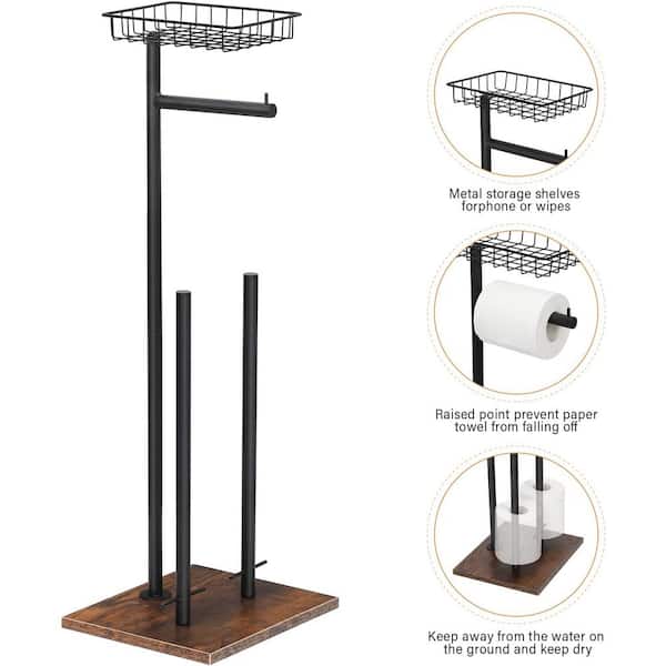 Freestanding Black Toilet Paper Holder Stand with Wood Base and