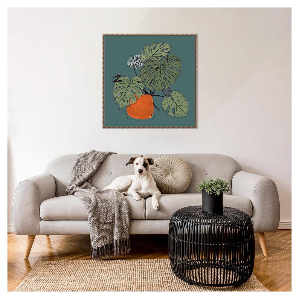 Teal and Orange Retro Potted Plant Canvas Art with Bronze Frame