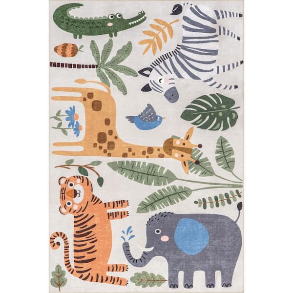 Debra Kids Spill Proof Washable Jungle Friends White Multicolor 3 ft. x 5 ft. Indoor Area Rug