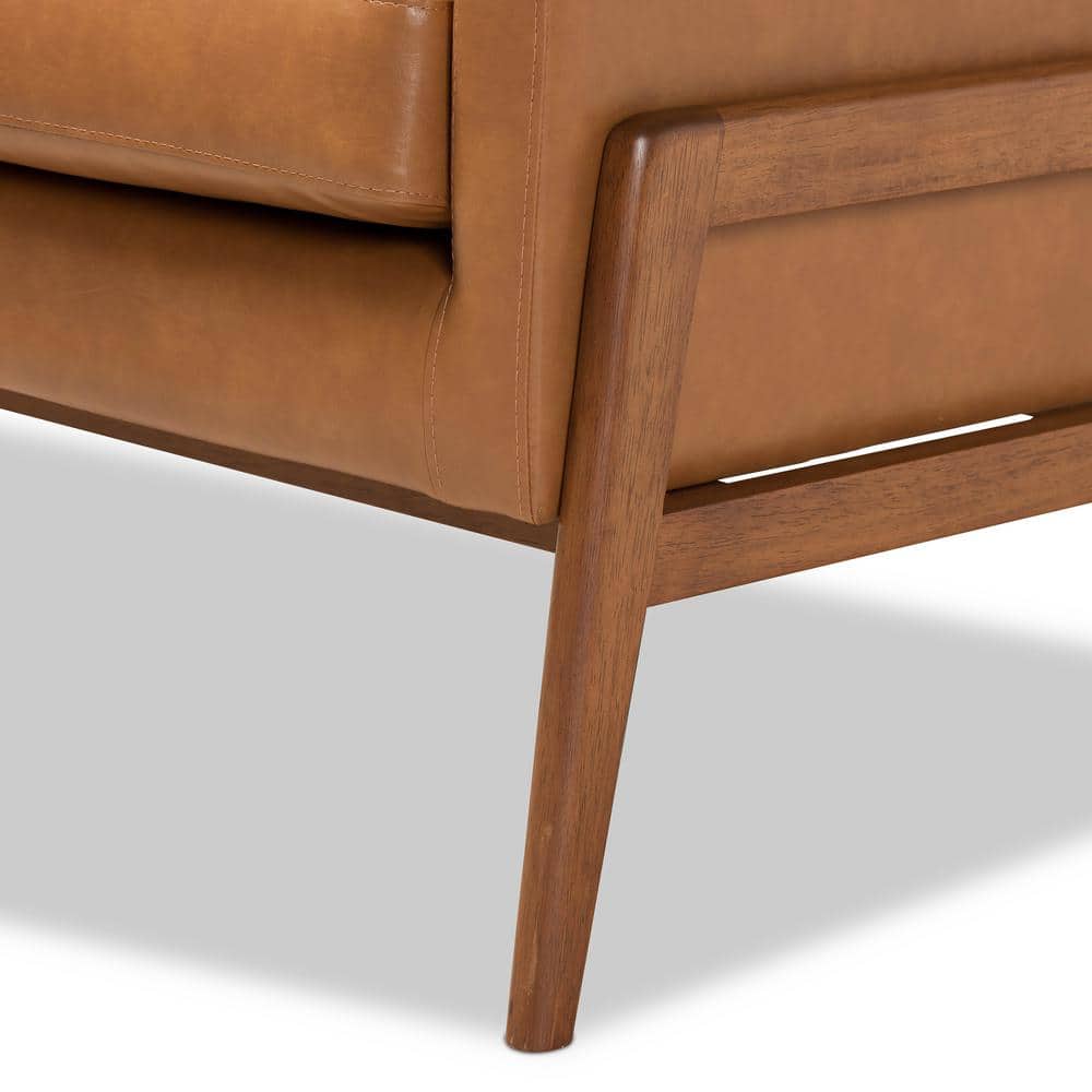 Tan Faux Leather and Walnut Brown Wood Mid-Century Lounge Chair