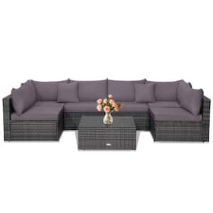 7-Piece Wicker Patio Conversation Set Rattan Furniture Set with Gray Sectional Sofa Cushioned