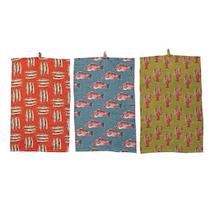 Multicolor Sea Life Patterns Linen Tea Towels (Set of 3)
