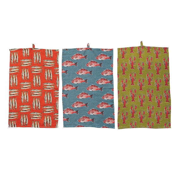 Storied Home Multicolor Sea Life Patterns Linen Tea Towels (Set of 3)