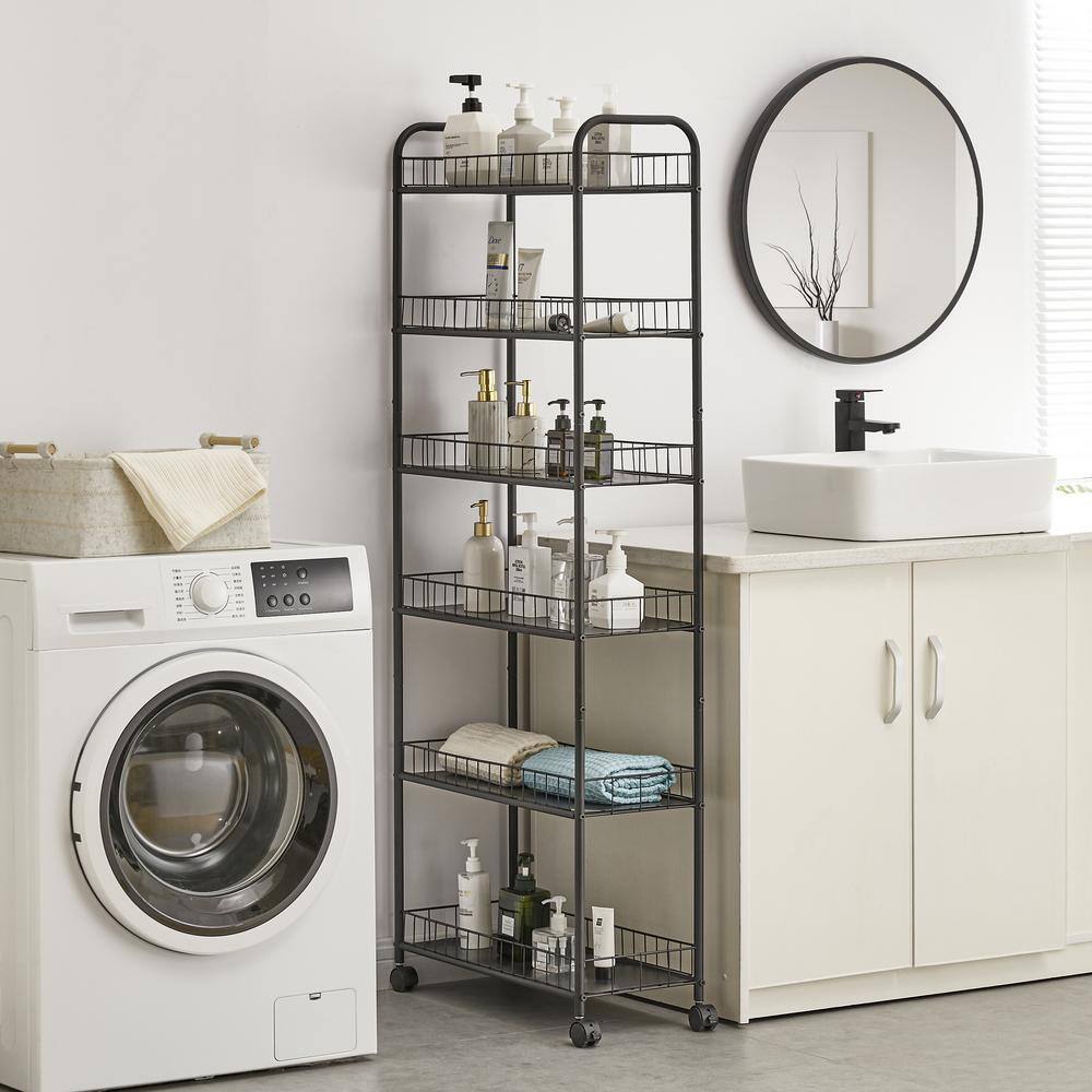 Black Metal 6-Tier Slim Rolling Storage Cart with Lockable Wheels