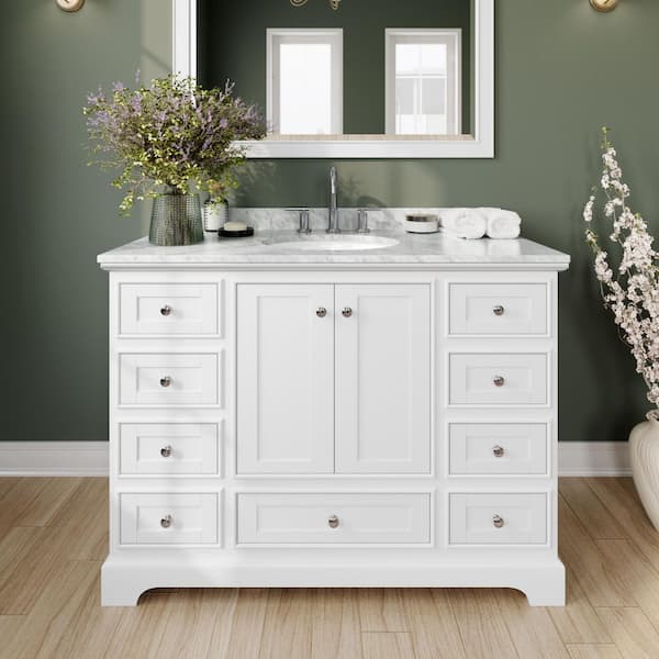 Wyndham Collection Deborah 48 in. Single Vanity in White with Marble Vanity Top in White Carrara with White Basin and 46 in. Mirror