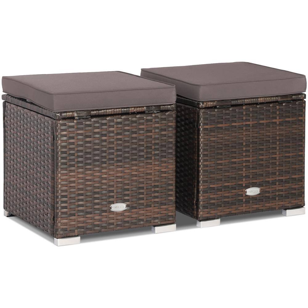 Costway 2Piece Wicker Outdoor Ottomans Storage Box Footstool with Grey