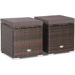 2-Piece Wicker Outdoor Ottomans Storage Box Footstool with Grey Cushions