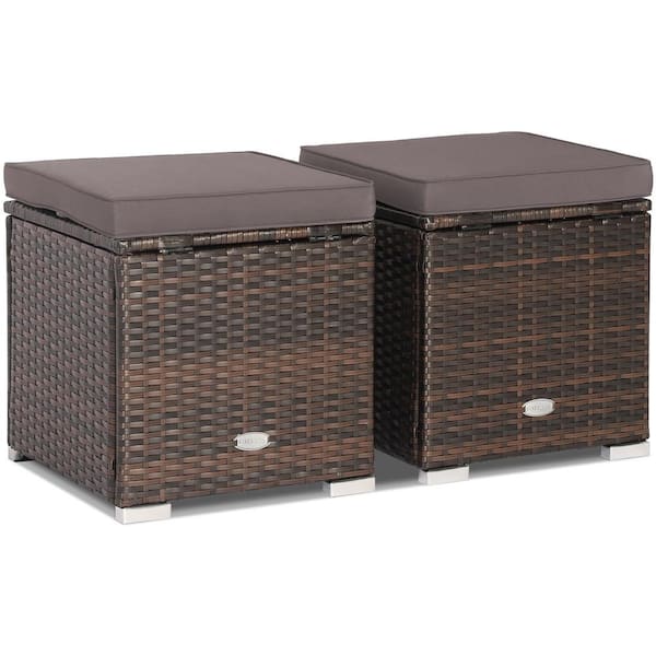 Costway 2-Piece Wicker Outdoor Ottomans Storage Box Footstool with Grey Cushions