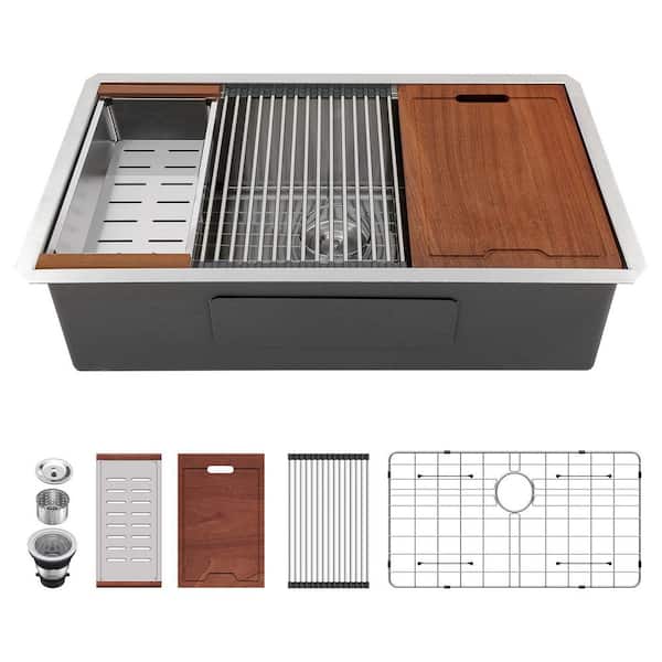 LORDEAR 32 in. Deep Single Bowl Stainless Steel 16-Gauge Undermount Workstation Kitchen Sink with Bottom Grid