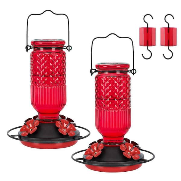 Red Glass Hanging Hummingbird Feeder Metal Flower Ports Ant Moat Leakproof for Hummingbirds w/ 4 Perches 4 Ports 2-Pack