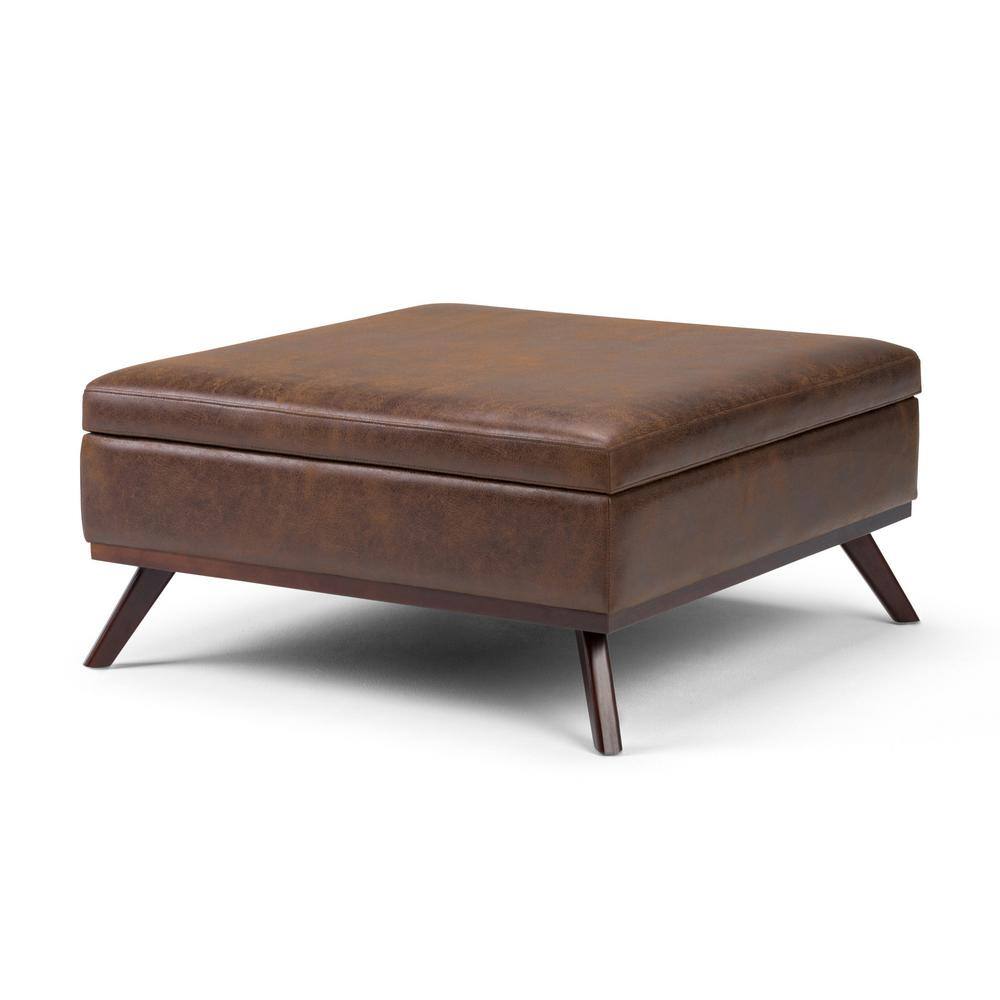 Owen Distressed Chestnut Brown Faux Leather Square Storage Ottoman