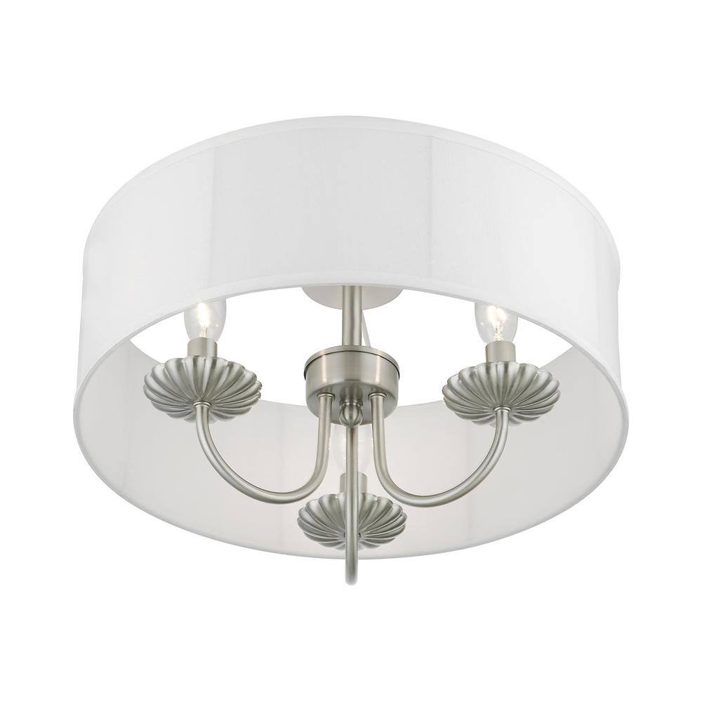 Brookdale Brushed Nickel 3-Light Semi-Flush Mount with Off-White Drum Shade