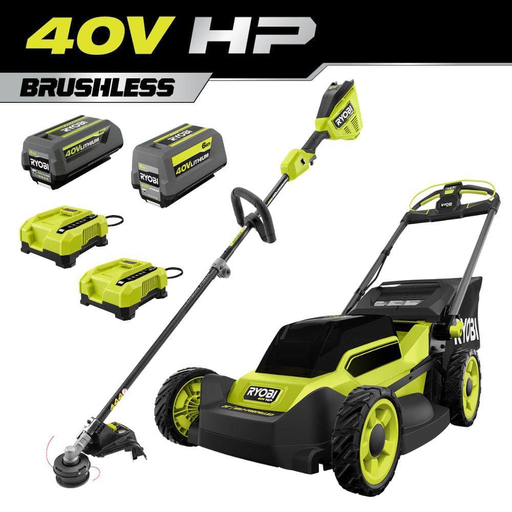 RYOBI 40 Volt HP Brushless 20 in. Cordless Electric Walk Behind Self Propelled Mower and Trimmer 2 Batteries 2 Chargers RY401180VNM RY40HPST01K The Home Depot