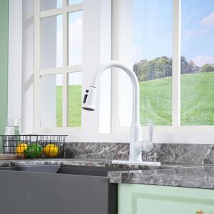 3-Spray Patterns Single Handle Pull Down Sprayer Kitchen Faucet with Deckplate and Water Supply Hoses in Matte White