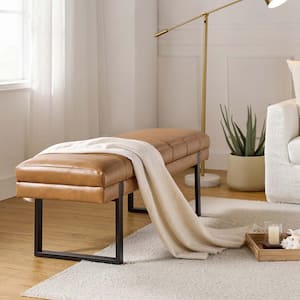 Leander Camel Modern Channel Tufted Upholstered Bench with Metal Legs