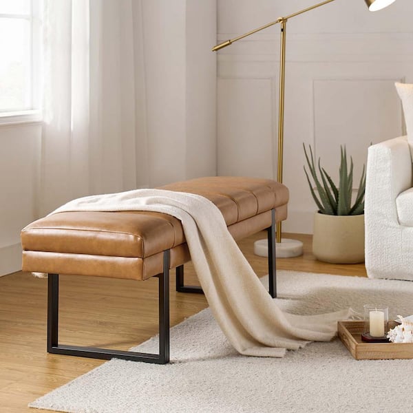 Leander Camel Modern Channel Tufted Upholstered Bench with Metal Legs