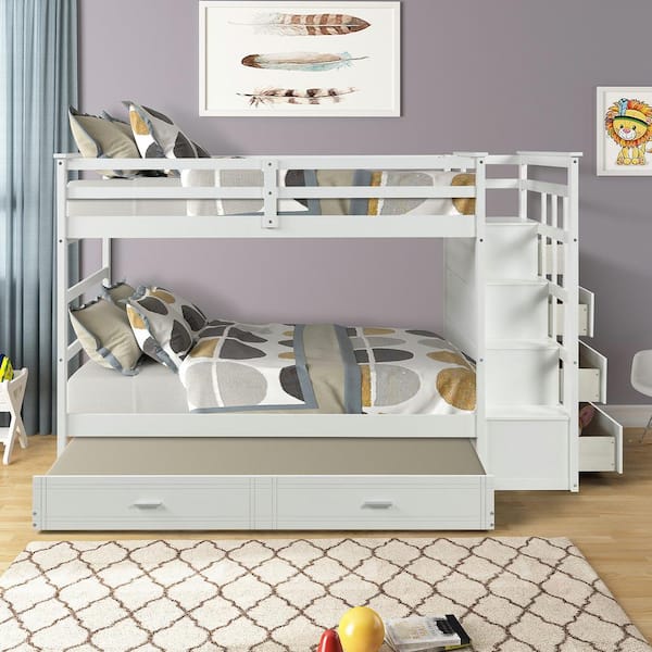 Qualfurn Shyann White Twin Over, Shyann Staircase Twin Over Full Bunk Bed With Trundle