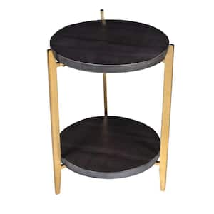 Tali 15.5 in. Charcoal Gray and Gold Round Acacia Wood Handcrafted Side End Table with 2 Tier and Sleek Metal Legs