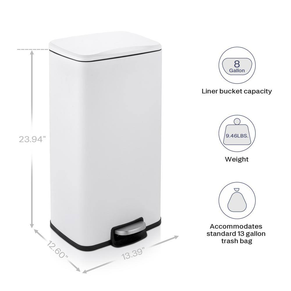 8 Gallon Matt White Stainless Steel Step-On Trash Can