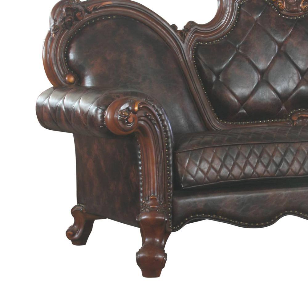 Vintage Cherry Oak Faux Leather Tufted Sofa with Nailhead Trim