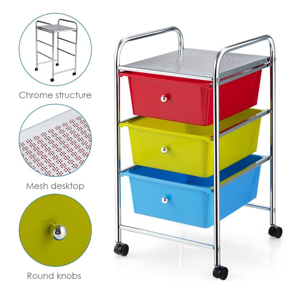 Multicolor 3-Drawer Rolling Storage Cart with Plastic Drawers
