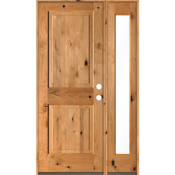 Krosswood Doors 46 in. x 80 in. Rustic Knotty Alder Square Top Left-Hand/Inswing Clear Glass Clear Stain Wood Prehung Front Door w/RFSL